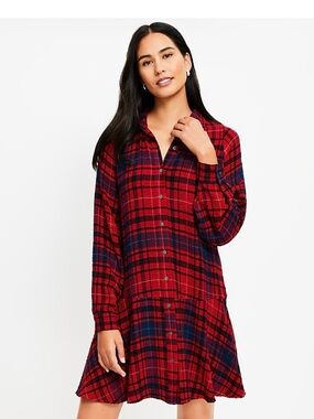 LOFT Plaid Flounce Mini Shirtdress in Parisian Red